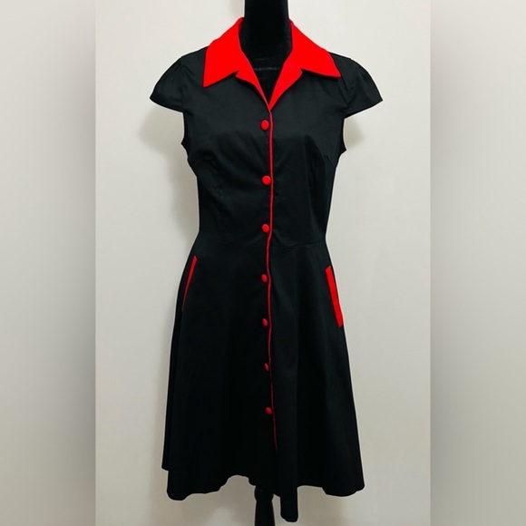 Dresses & Skirts - Retro Rockabilly Swing Dress Black Red Trim Pockets 50s Size Large 8-10